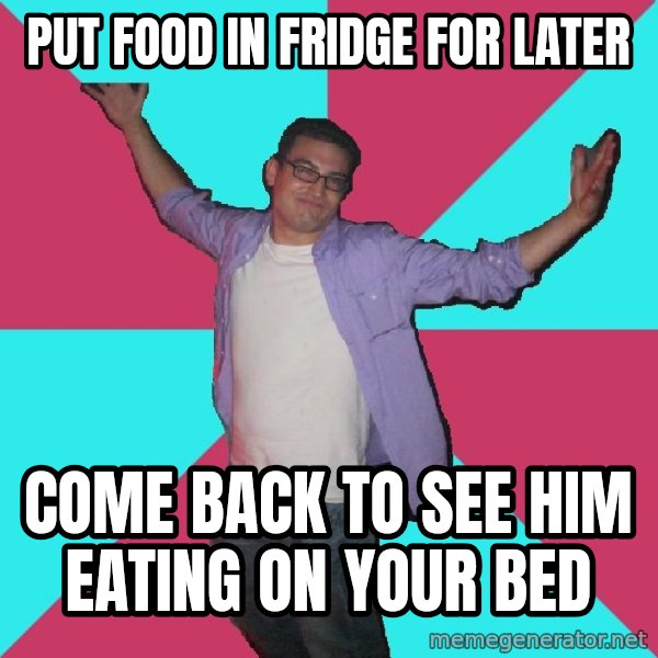 Douchebag Roommate meme: put food in fridge for later / come back to see him eating on your bed