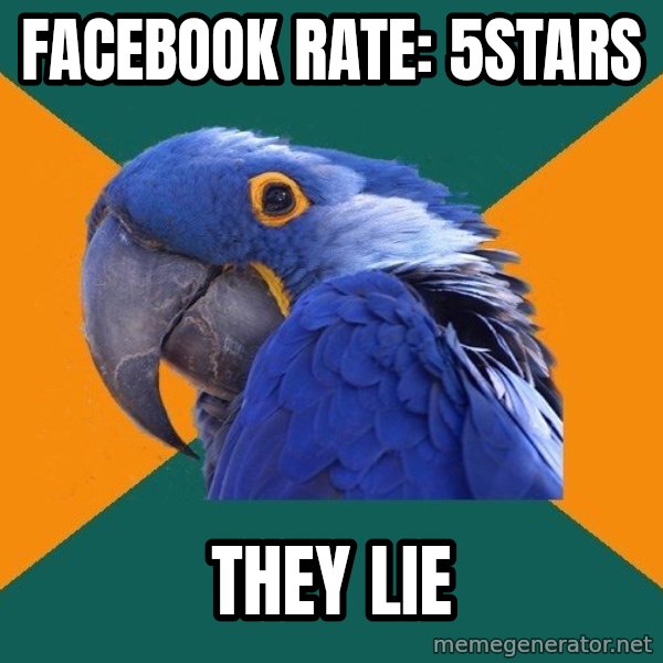 Paranoid Parrot meme: facebook rate: 5stars / they lie