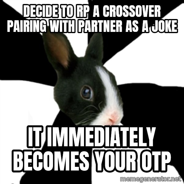 Roleplaying Rabbit meme: decide to rp a crossover pairing with partner as a joke / it immediately becomes your otp