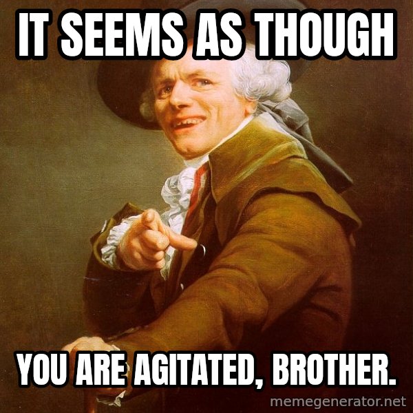 Joseph Ducreux meme: it seems as though / you are agitated, brother.