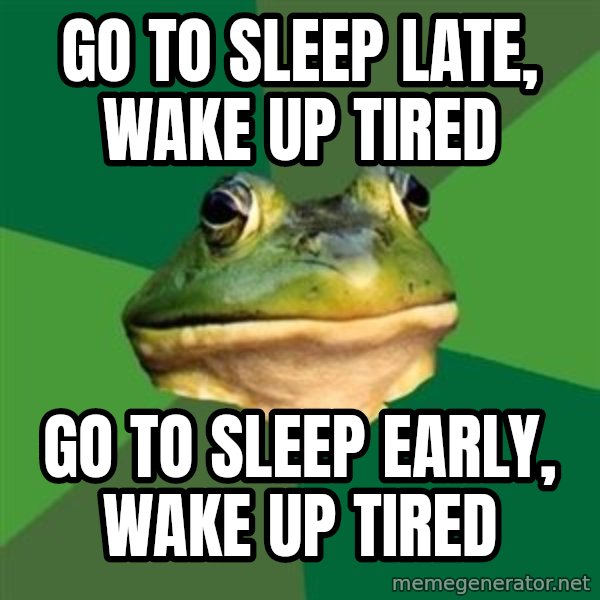 Foul Bachelor Frog meme: go to sleep late, wake up tired / go to sleep early, wake up tired