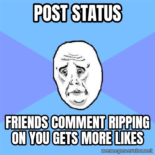 Okay Guy meme: post status / friends comment ripping on you gets more likes