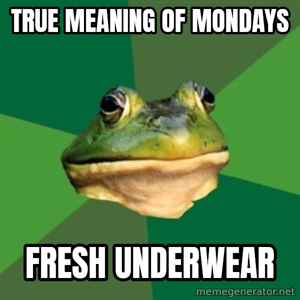 Foul Bachelor Frog meme: true meaning of mondays / fresh underwear