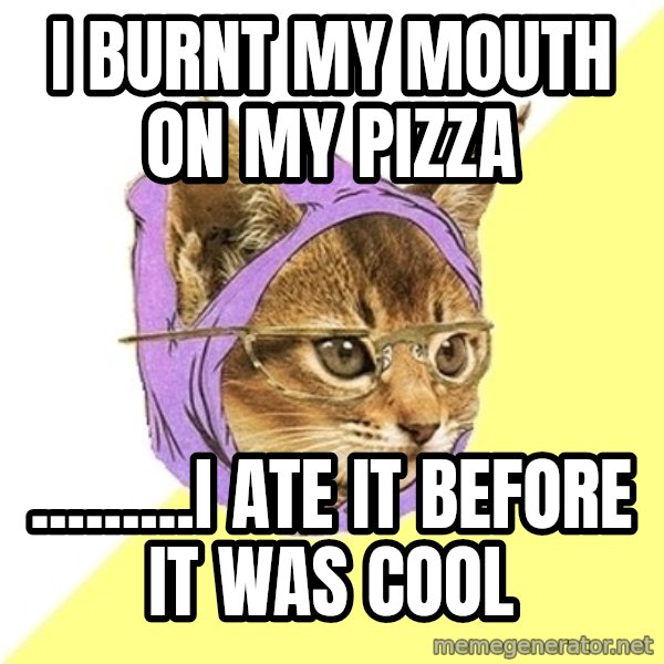 Hipster Kitty meme: I burnt my mouth on my pizza / .........i ate it before it was cool