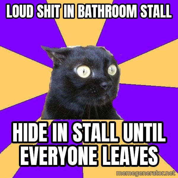 Anxiety Cat meme: LOUD SHIT IN BATHROOM STALL / HIDE IN STALL UNTIL EVERYONE LEAVES