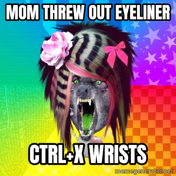 Insanity Scene Wolf meme: mom threw out eyeliner / ctrl+x wrists