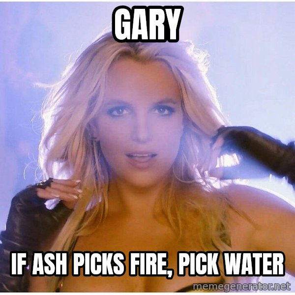 Professor Oak meme: gary / if ash picks fire, pick water