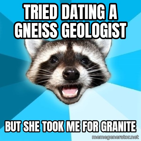 Lame Pun Coon meme: Tried dating a gneiss geologist / But she took me for granite
