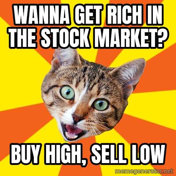 Bad Advice Cat meme: WANNA GET RICH IN THE STOCK MARKET? / BUY HIGH, SELL LOW