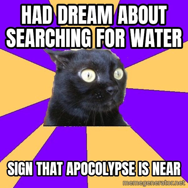Anxiety Cat meme: had dream about searching for water / sign that apocolypse is near