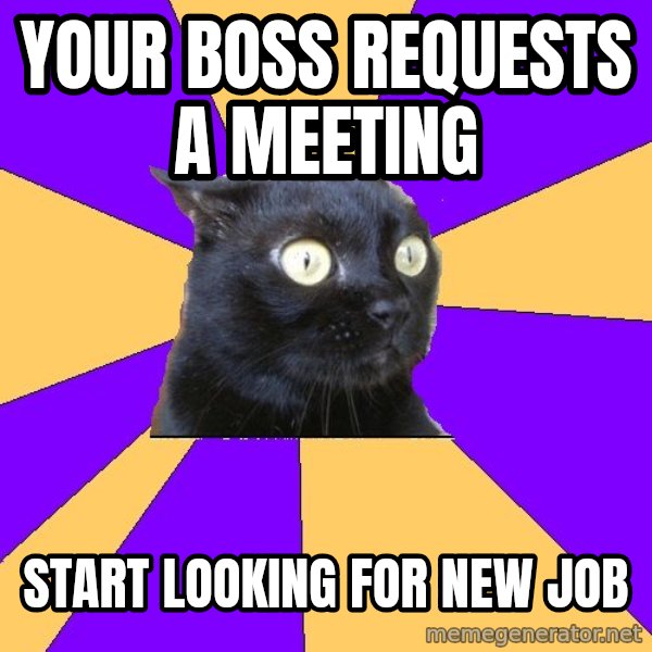 Anxiety Cat meme: Your boss requests a meeting / start looking for new job