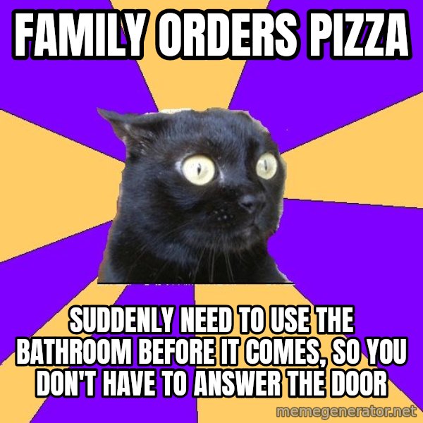 Anxiety Cat meme: family orders pizza / suddenly need to use the bathroom before it comes, so you don't have to answer the door