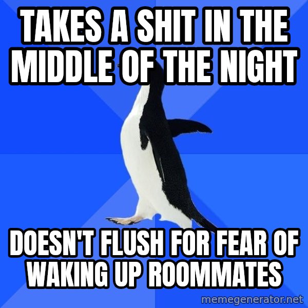 Socially Awkward Penguin meme: Takes a shit in the middle of the Night / Doesn't flush for fear of waking up roommates