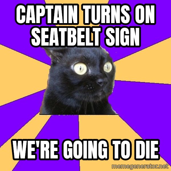 Anxiety Cat meme: captain turns on seatbelt sign / we're going to die