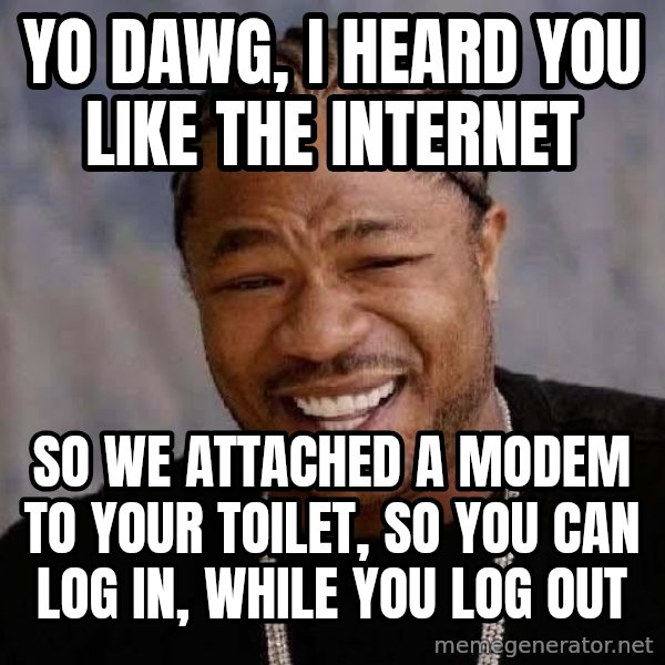 Yo Dawg meme: YO DAWG, I HEARD YOU LIKE THE INTERNET / SO WE ATTACHED A MODEM TO YOUR TOILET, SO YOU CAN LOG IN, WHILE YOU LOG OUT