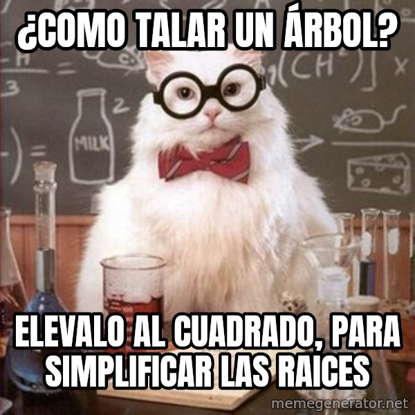 Chemistry Cat meme: ¿como talar un ÁRBOL? / Elevalo al cuadrado, para simplificar las raices