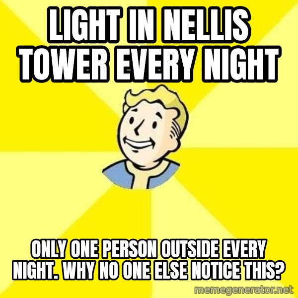 Fallout 3 meme: Light in nellis tower every night / only one person outside every night. Why no one else notice this?
