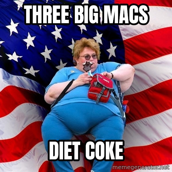 Obese American meme: three big macs / diet coke