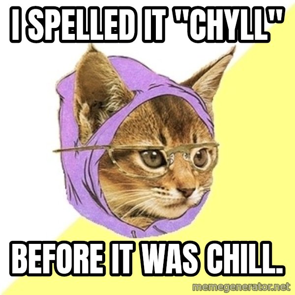 Hipster Kitty meme: I spelled it "chyll" / before it was chill.
