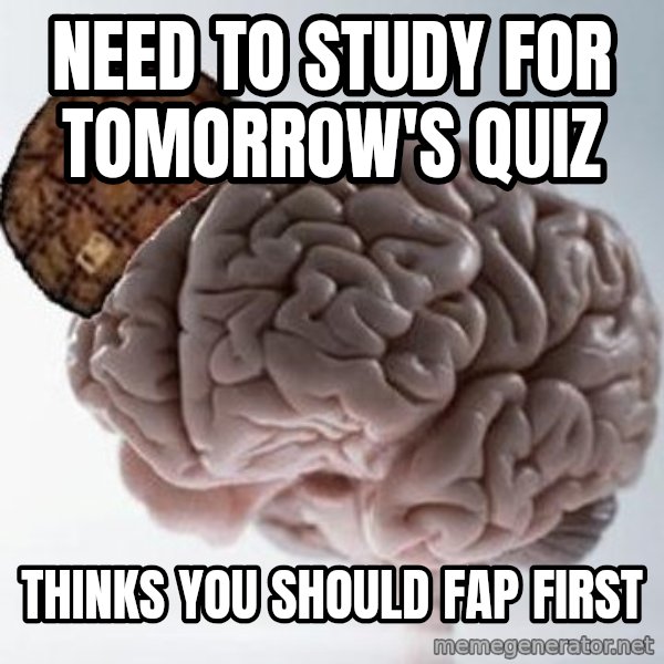 Scumbag Brain meme: Need to study for tomorrow's quiz / thinks you should fap first