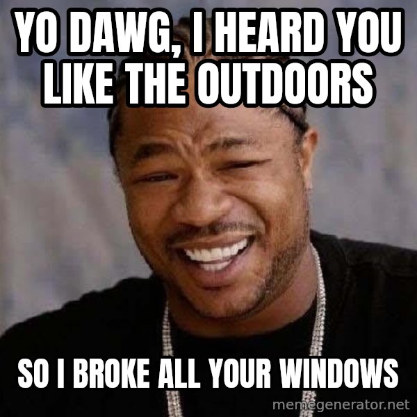 Yo Dawg meme: Yo DAwg, i heard you like the outdoors / so i broke all your windows