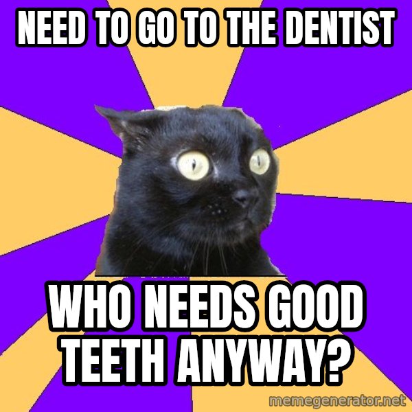 Anxiety Cat meme: need to go to the dentist / who needs good teeth anyway?