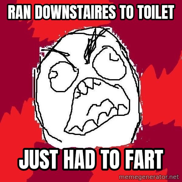 Rage FU meme: Ran downstaires to toilet / Just had to fart