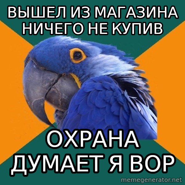Paranoid Parrot meme: Вышел из магазина ничего не купив / Охрана думает я вор