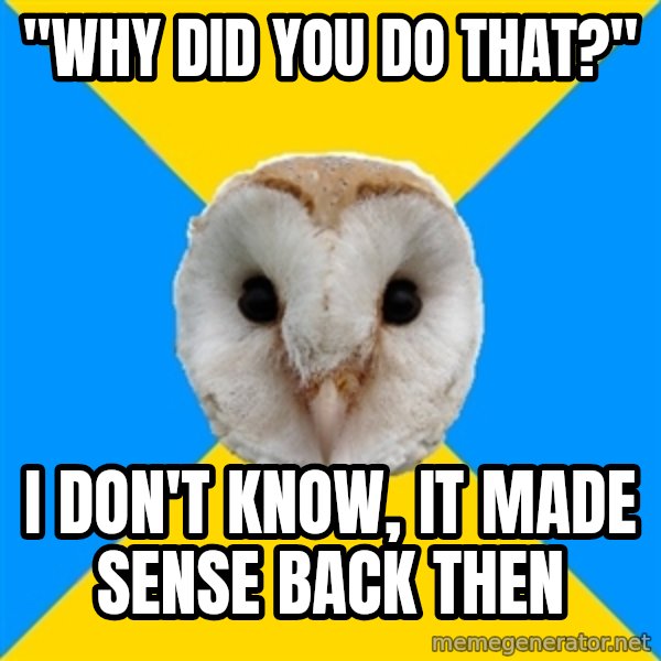 Bipolar Owl meme: "WHY DID YOU DO THAT?" / I DON'T KNOW, IT MADE SENSE BACK THEN