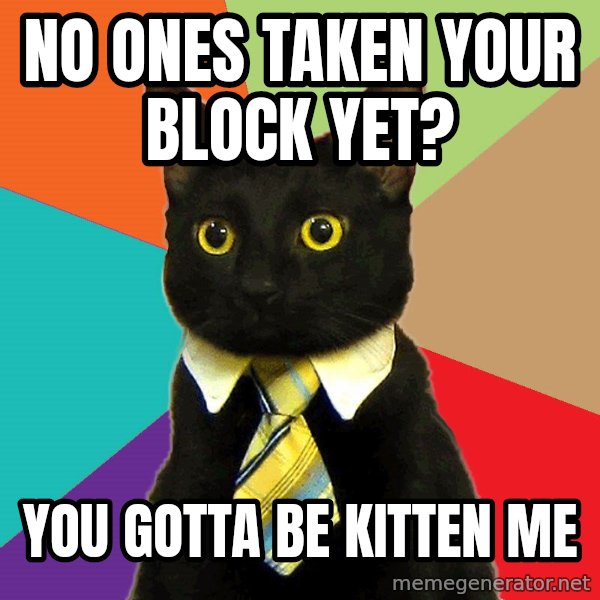 Business Cat meme: no ones taken your block yet? / you gotta be kitten me