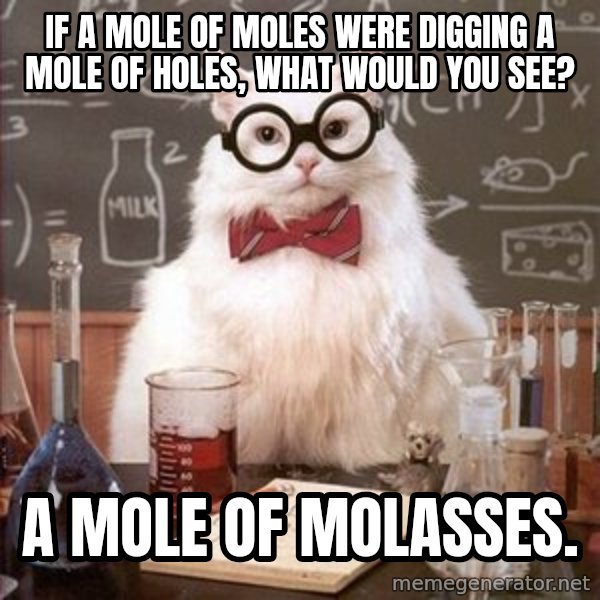 Chemistry Cat meme: If a mole of moles were digging a mole of holes, what would you see? / A mole of molasses.