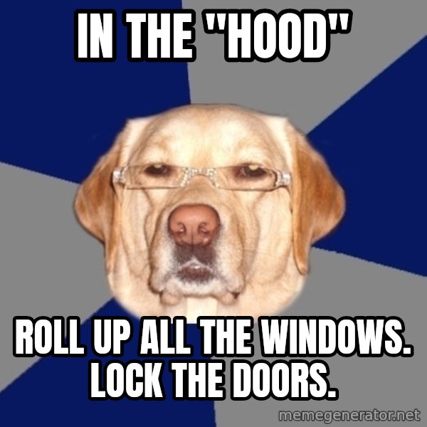 Racist Dawg meme: in the "hood" / roll up all the windows. lock the doors.
