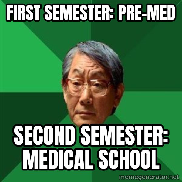 High Expectations Asian Father meme: First semester: Pre-med / Second Semester: Medical school