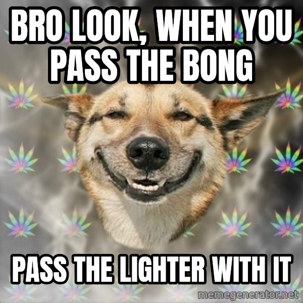 Stoner Dog meme: bro look, when you pass the bong / pass the lighter with it