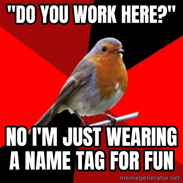 Retail Robin meme: "Do you work here?" / No I'm just wearing a name tag for fun