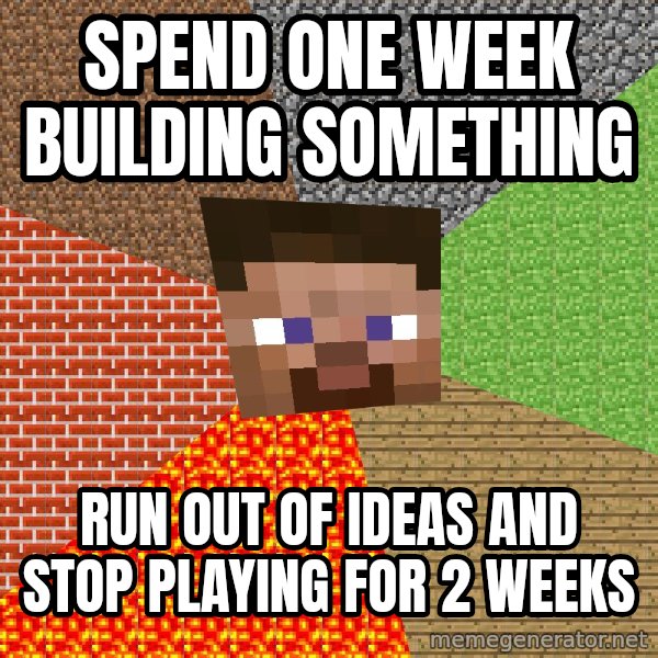 Minecraft Guy meme: spend one week building something / run out of ideas and stop playing for 2 weeks