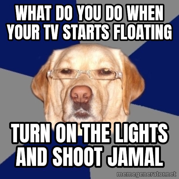 Racist Dog meme: what do you do when your tv starts floating / turn on the lights and shoot jamal
