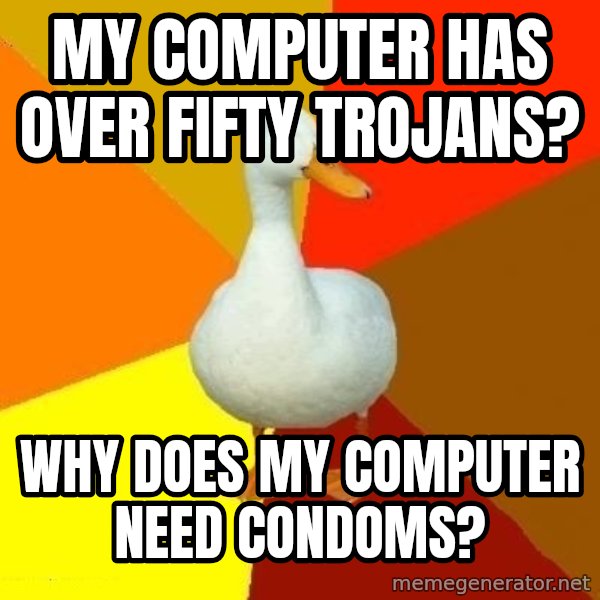 Technologically Impaired Duck meme: my computer has over fifty trojans? / why does my computer need condoms?