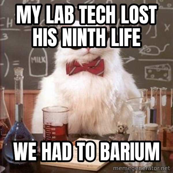 Chemistry Cat meme: My Lab tech lost his ninth life / we had to barium