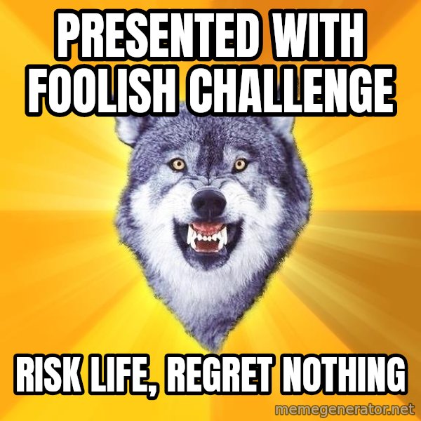 Courage Wolf meme: presented with foolish challenge / risk life, regret nothing