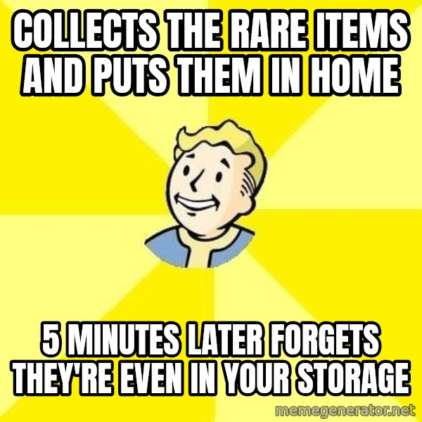 Fallout 3 meme: Collects the rare items and puts them in home / 5 minutes later forgets they're even in your storage