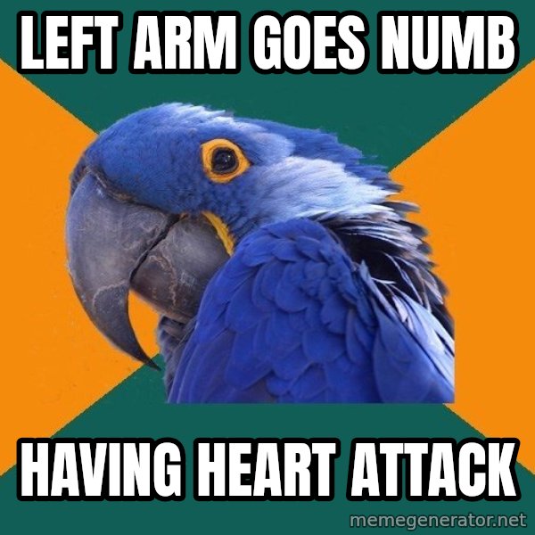 Paranoid Parrot meme: Left arm goes numb / having heart attack
