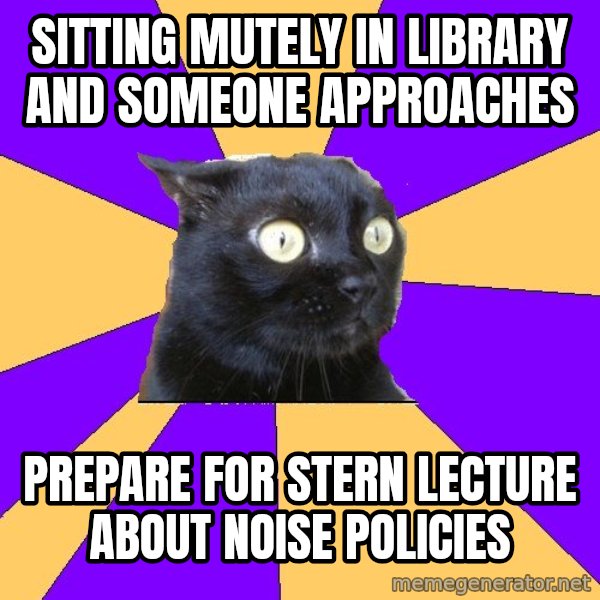 Anxiety Cat meme: sitting mutely in library and someone approaches / prepare for stern lecture about noise policies