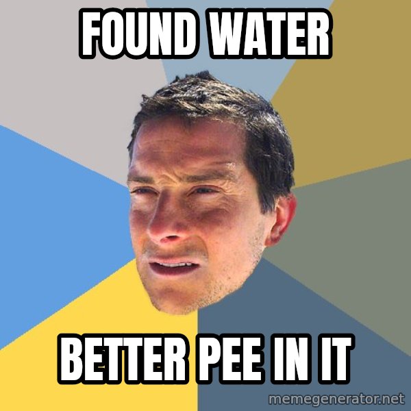 Bear Grylls meme: found water / better pee in it
