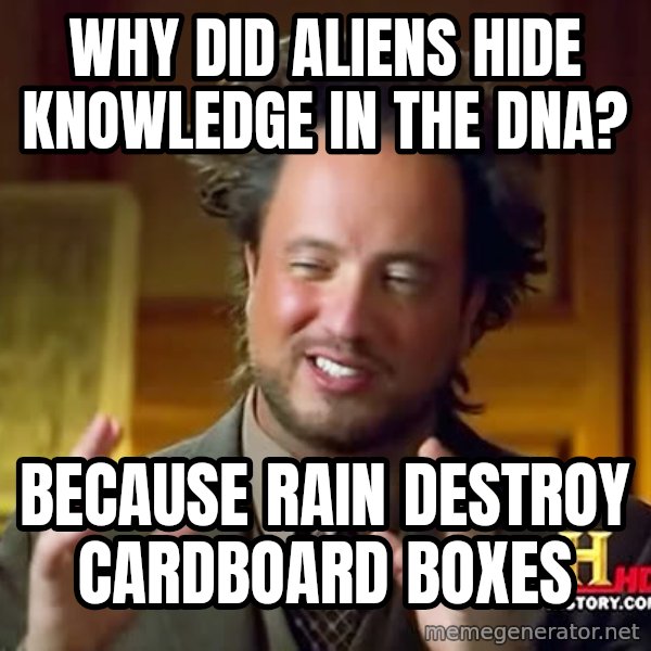Giorgio A Tsoukalos Hair meme: WHY DID ALIENS HIDE KNOWLEDGE IN THE DNA? / BECAUSE RAIN DESTROY CARDBOARD BOXES