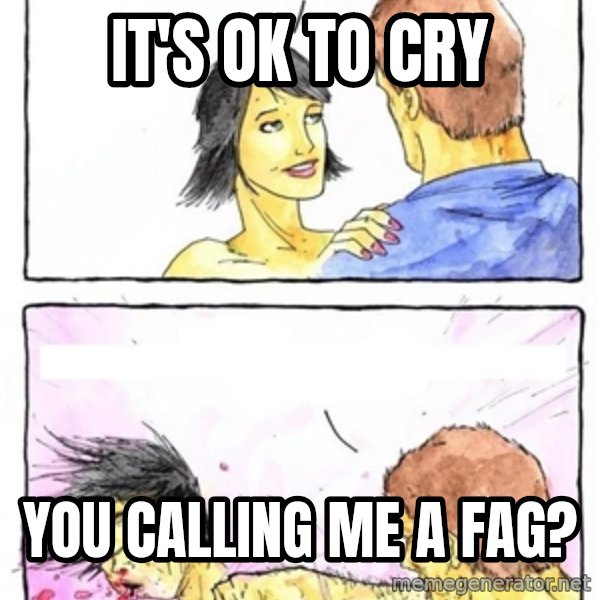 Alpha Boyfriend meme: it's ok to cry / you calling me a fag?