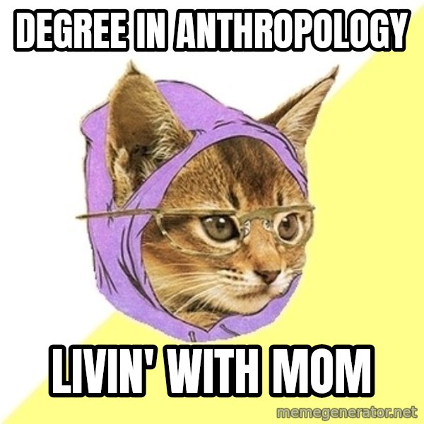 Hipster Kitty meme: Degree in Anthropology / Livin' with mom