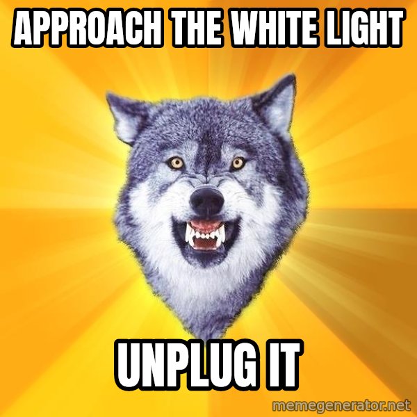 Courage Wolf meme: Approach the white light / unplug it