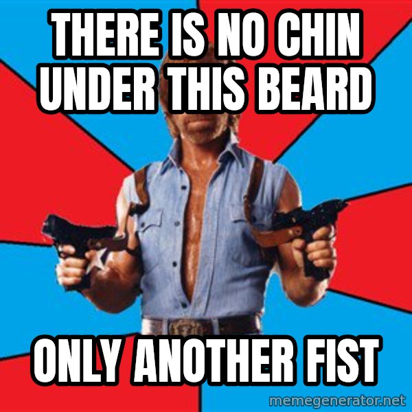 Chuck Norris  meme: there is no chin under this beard / only another fist