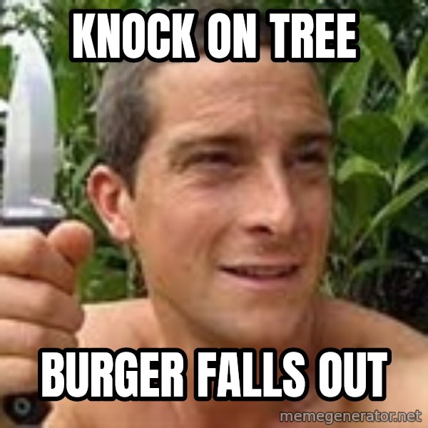 Bear Grylls meme: knock on tree / burger falls out